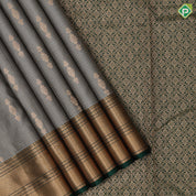 Gray Gold Zari Vairaoosi Checks Jumki Design Bottle Green Mayilkan Flower Border Design Traditional Silk Saree