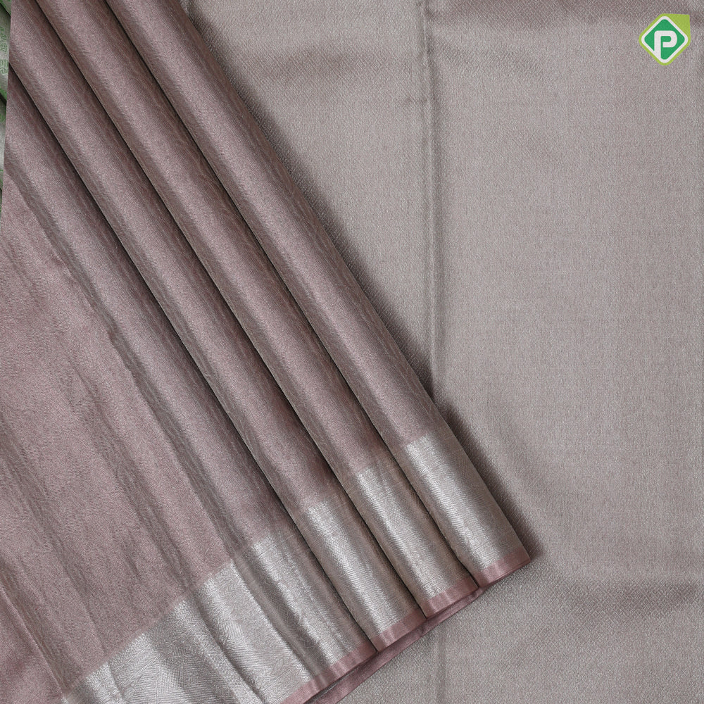 Onion pink silver zari by zari fancy tissue weaved self silver zari peacock elephant butta border tissue silk saree