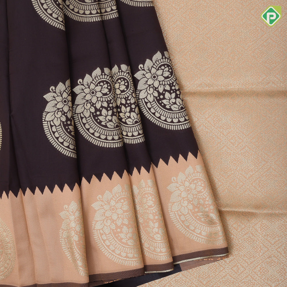 coffee brown gold zari fancy flower round butta contrast zari lines border soft silk saree