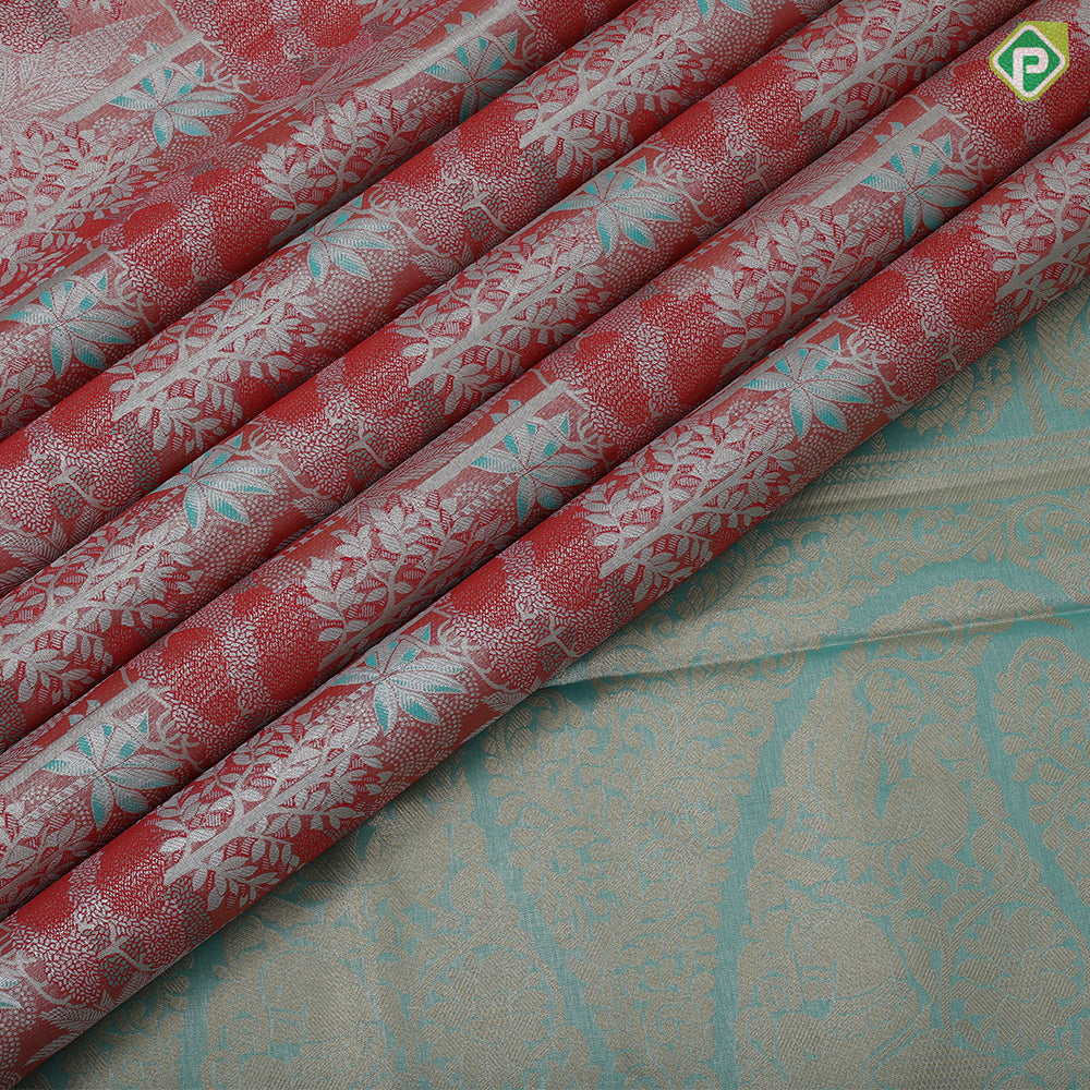 Orangish pink silver zari painting design rexona green gold zari flower butta border tissue art silk saree