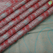 Orangish pink silver zari painting design rexona green gold zari flower butta border tissue art silk saree
