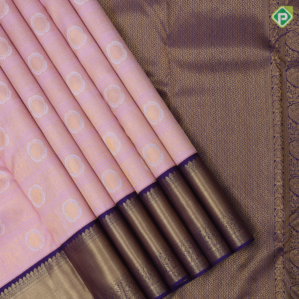Baby pink gold zari annam and round meena work butta checks purple blue gold zari cross lines border bridal silk saree