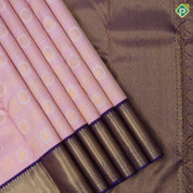 Baby pink gold zari annam and round meena work butta checks purple blue gold zari cross lines border bridal silk saree