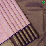 Baby pink gold zari annam and round meena work butta checks purple blue gold zari cross lines border bridal silk saree