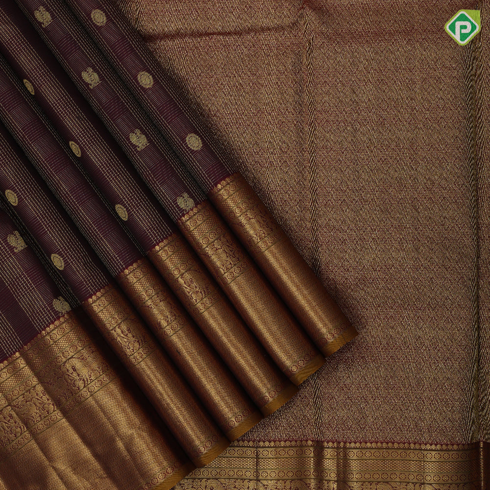 Dark Maroon Small Checks Peacock Chagaram Butta Design Self Colour Hours Ruthracham Zig Zag Border Design traditional Silk Saree