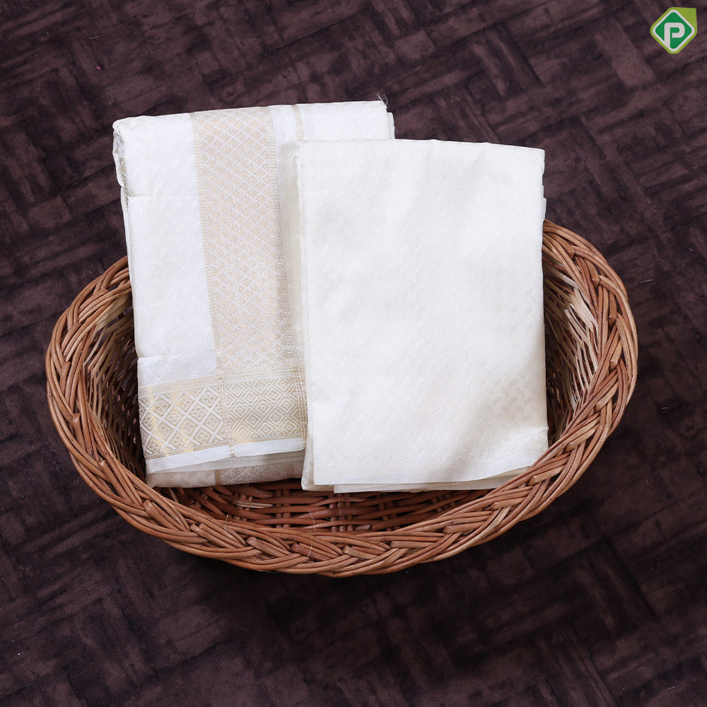 Cream White Embossed design Self Gold Zari Diamond Border 3 in 1 120 KuligaiDhoti Vesti Set