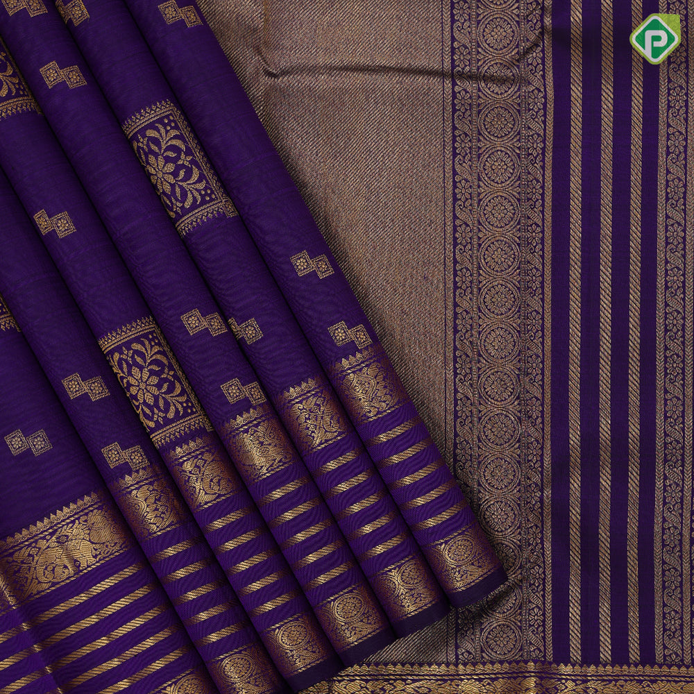 Purple blue gold zari designed frame butta self gold zari multi lines butta border traditional Navratri special silk saree