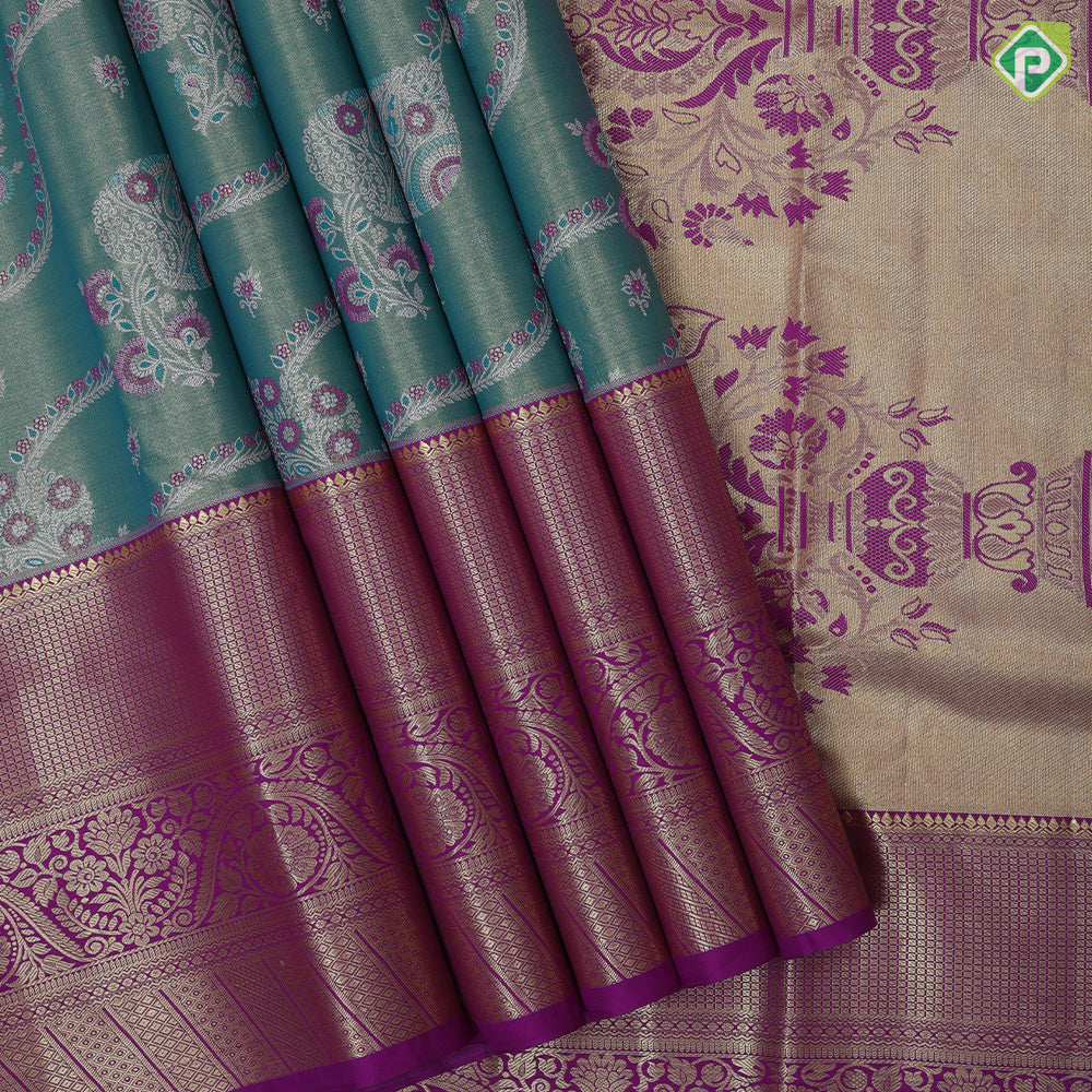 Rama green silk thread floral design rani pink gold zari grand border art tissue silk saree