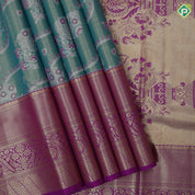 Rama green silk thread floral design rani pink gold zari grand border art tissue silk saree