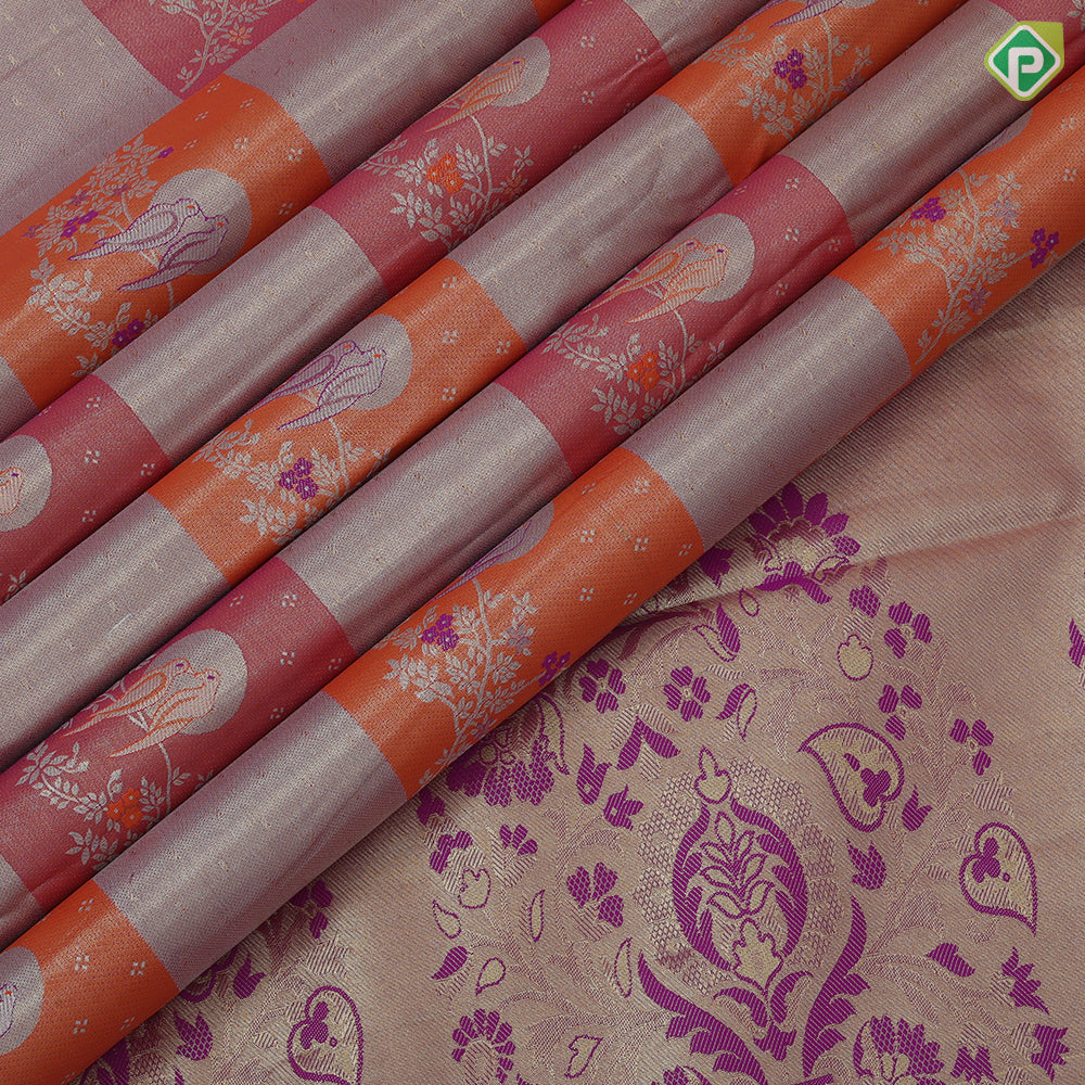 Orange base multi color double sparrow design rani pink gold zari grand border tissue art silk saree