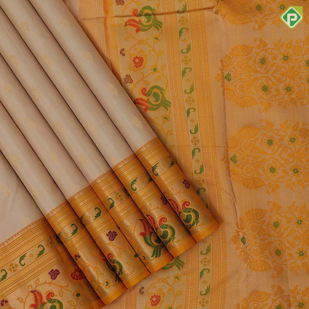 peach cream gold zari fancy flower butta motifs mango yellow silver zari paithani border fancy gift silk saree