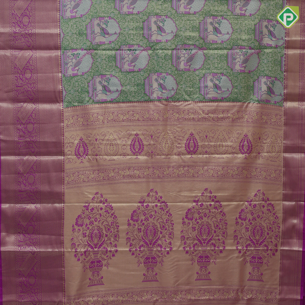 Mint green and thread work peacock in mandap design pink gold zari floral border tissue art silk saree