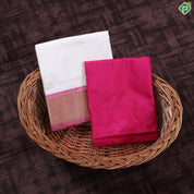 Cream White Rose Pink Gold Zari 120 Kuligai Mayikan Border Vest Dhoti Shirt Set