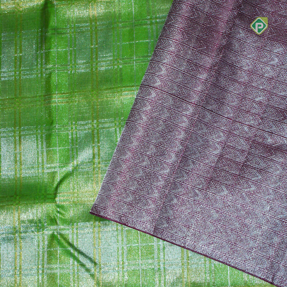 Parrot Green Violet Pink With Silver Zari Fancy Design Traditional Silk