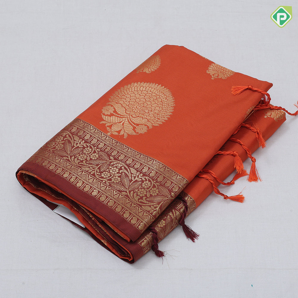 Rust Orange Gold Zari Butta Design Brown Floral Border Design Soft Art Saree
