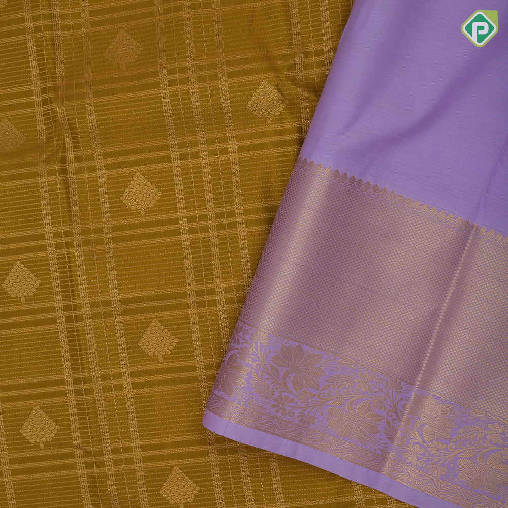 Lemon green gold zari checked honey comp design Lavender gold zari diamond design border art silk saree