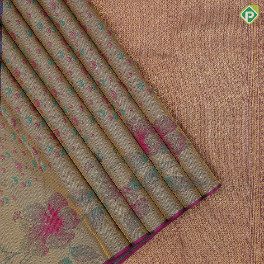 peach green base gold zari by zari tissue multi color bubbles self hibiscus flower design border trendy designer silk saree