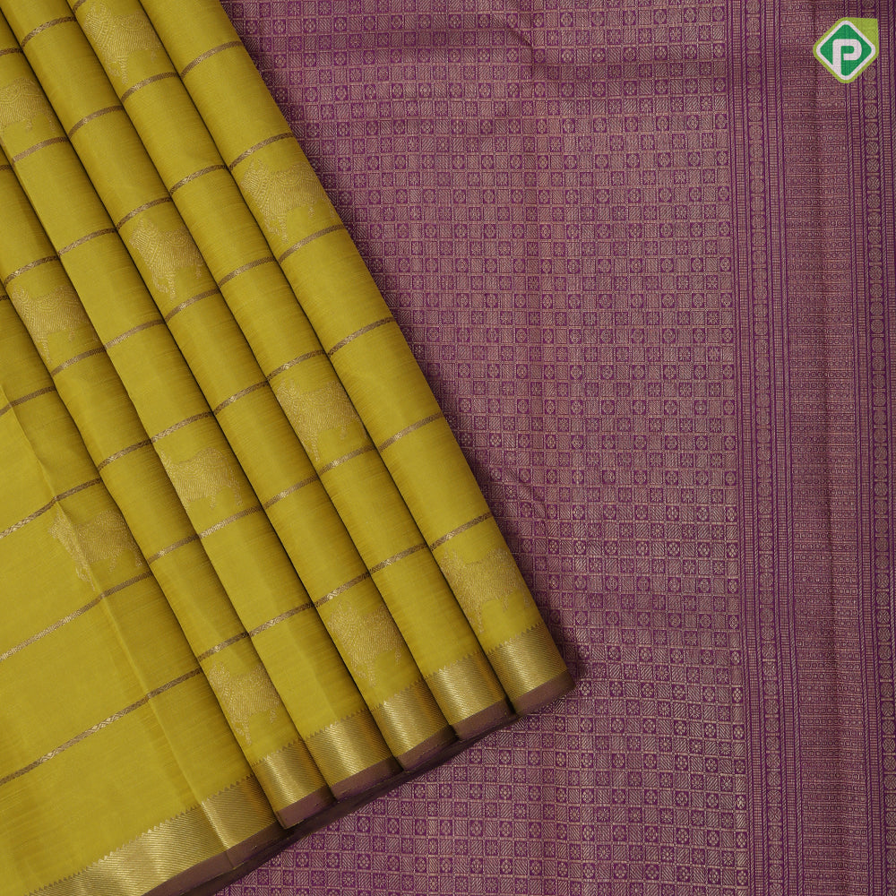 Lemon yellow gold zari Gomadha and zari lines self gold zari and purple edge border traditional silk saree