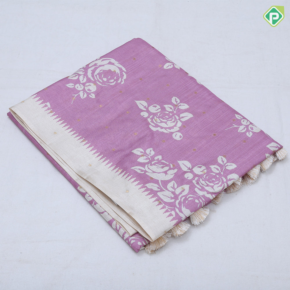 trending colors cream printed flower design white temple border semi tusser saree