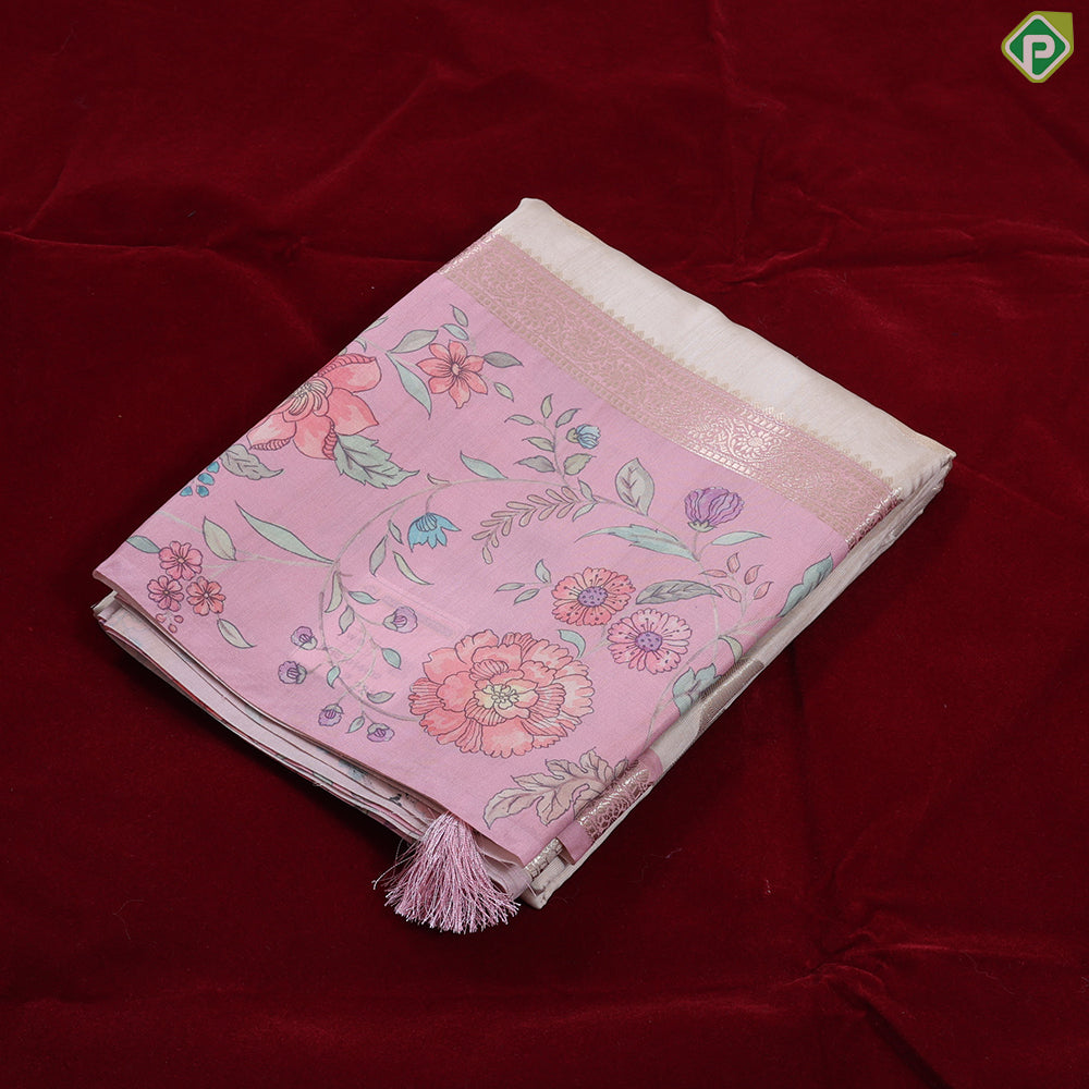 cream with gold zari round butta design baby pink multi colour floral border semi tusser saree