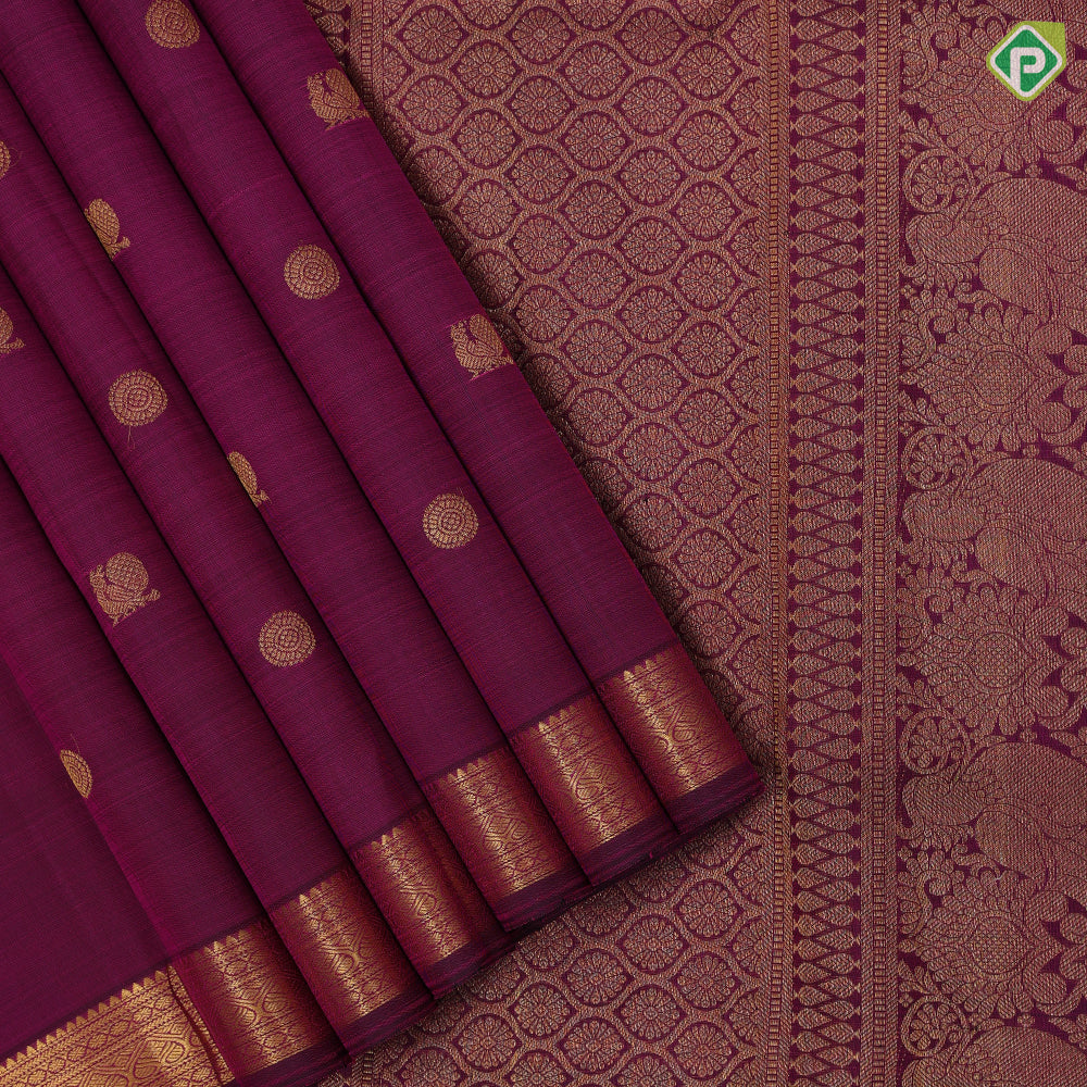 Hot magenta gold zari annam rudraksham butta design self gold zari edge border traditional silk saree