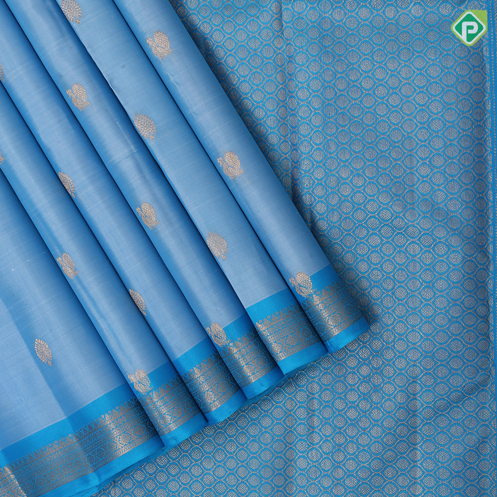 Ocean Blue Gold Zari Thilagam Peacock Butta Design Rama Blue Flower Border Design Pure Mix Silk Saree