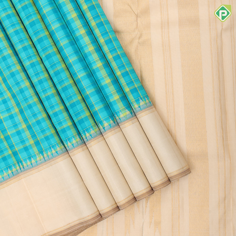 green tri colour shades classic checks design creamy sandal gold zari retta pattai border retro traditional silk saree