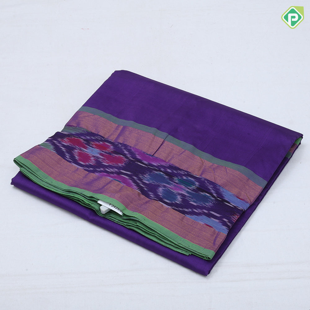 Darker Shade plain body design contrast zari padded ikkat border 10 yards silk cotton saree