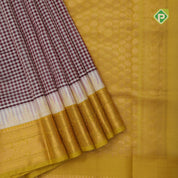 Maroon base Multi color checked grand pallu Lemon green gold zari koorvai temple border silk cotton saree