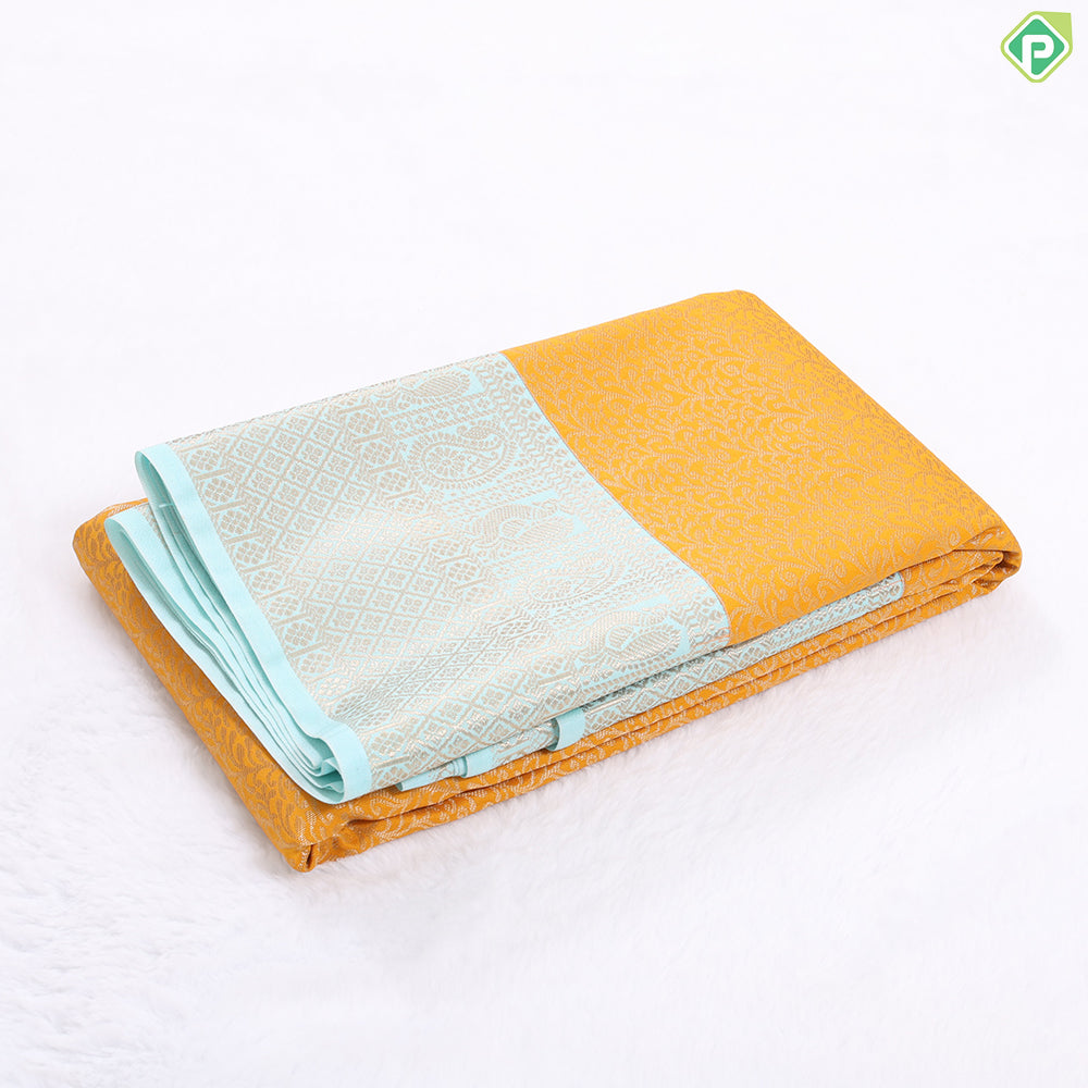 Rani pink gold zari grand floral design contrast thunder grey gold zari border art silk gift saree