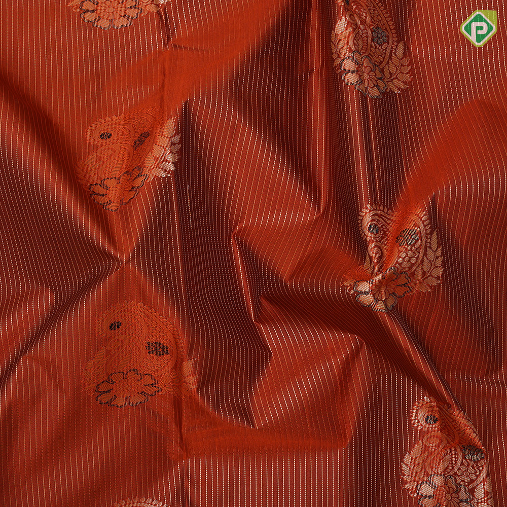 Honey orange gold zari stripes and fancy mango meena work army green gold zari thilagam border art silk saree