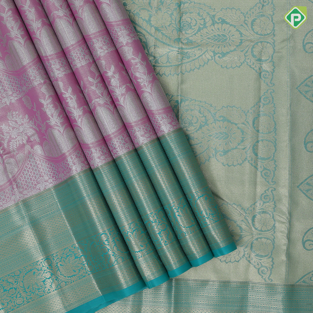Pink silver zari fancy flower and arch design rama green gold zari rangoli border tissue art silk saree