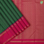 Jungle Green Gold Silver Zari Vairaoosi Checks Small Mango Design Rani Pink Train Track Type Thilagam Border Design Traditional Silk Saree
