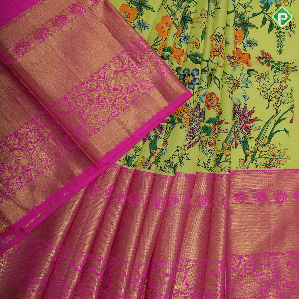 Lemon yellow base multi color digital print design rose pink gold zari peacock butta border pattu paavadai lehanka