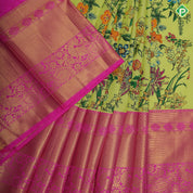 Lemon yellow base multi color digital print design rose pink gold zari peacock butta border pattu paavadai lehanka