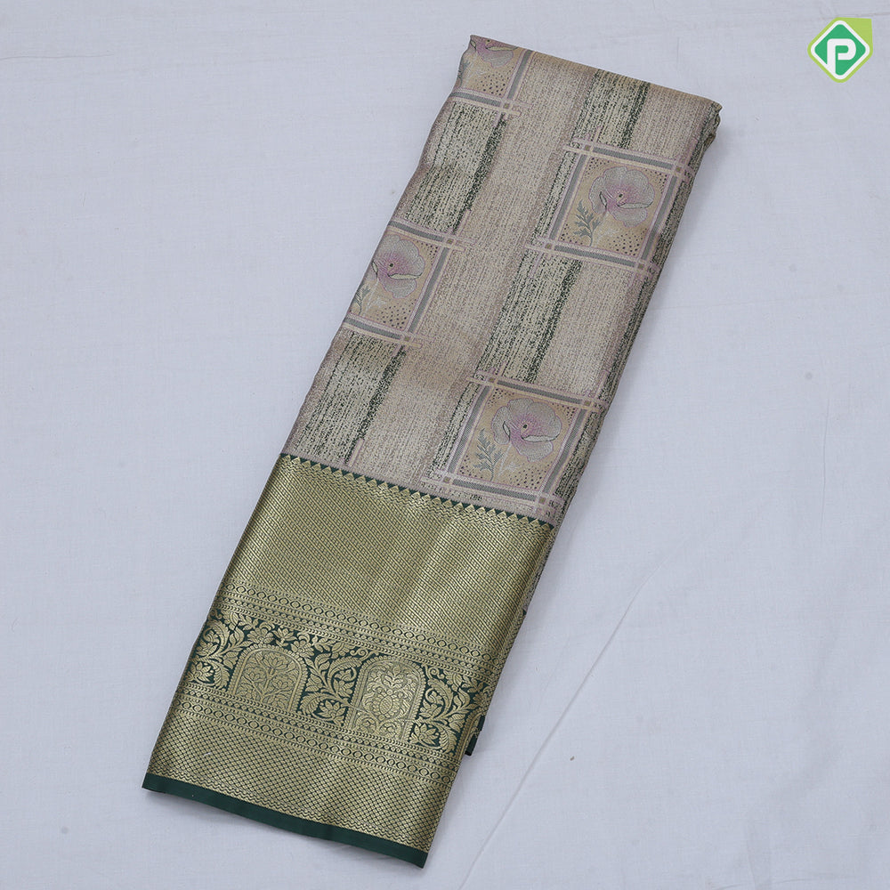 green base pastel red frame flower design self color gold zari grand border tissue art silk saree