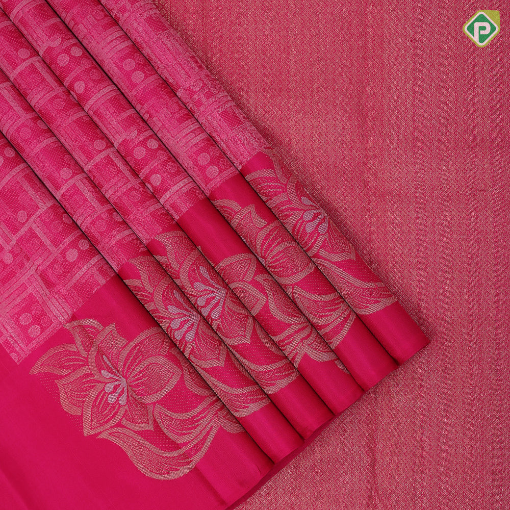 Rose pink cream thread work fancy design self plain gold zari fancy flower butta border trendy designer silk saree