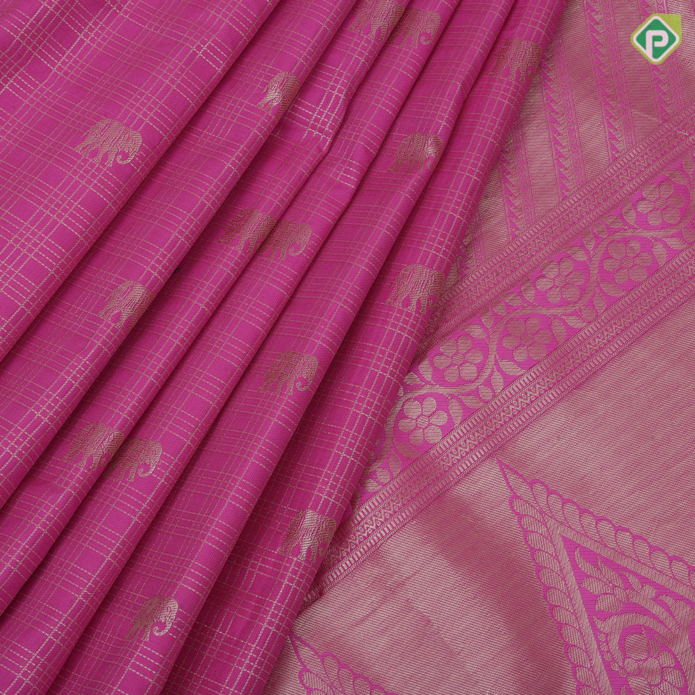 Pink gold zari checks and elephant butta design self gold zari peacock and zig zag border Art silk saree