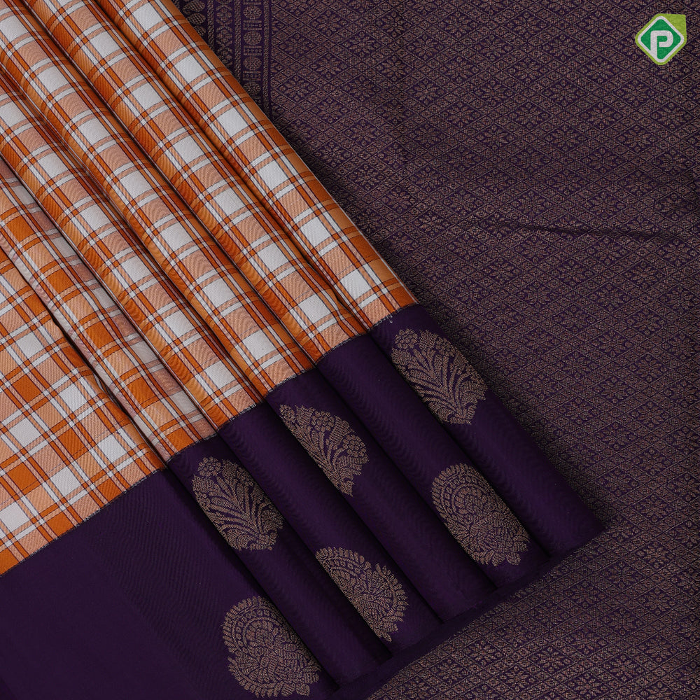 white and orange base multi madras checks design violet plain gold zari fancy butta border traditional silk saree