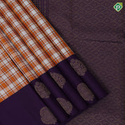 white and orange base multi madras checks design violet plain gold zari fancy butta border traditional silk saree