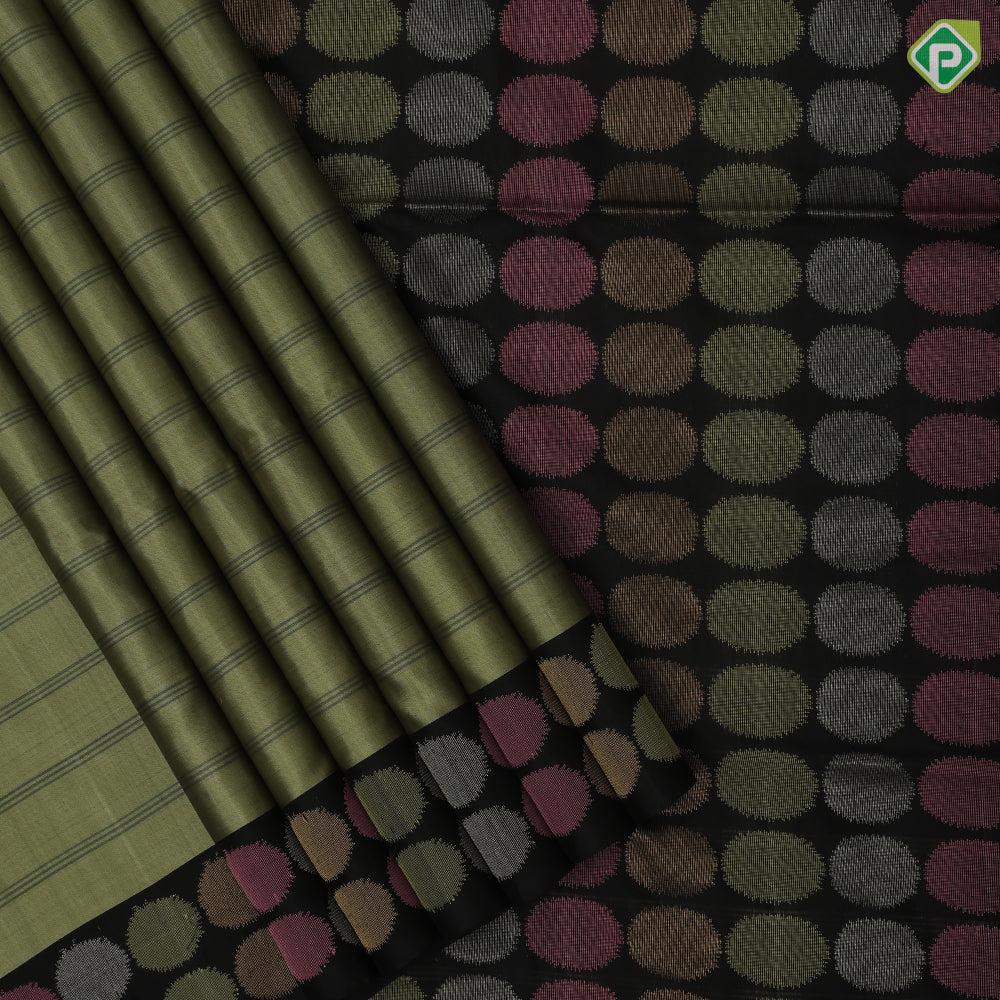 Dark onion pink self checks design black tri color zari round butta border soft silk saree