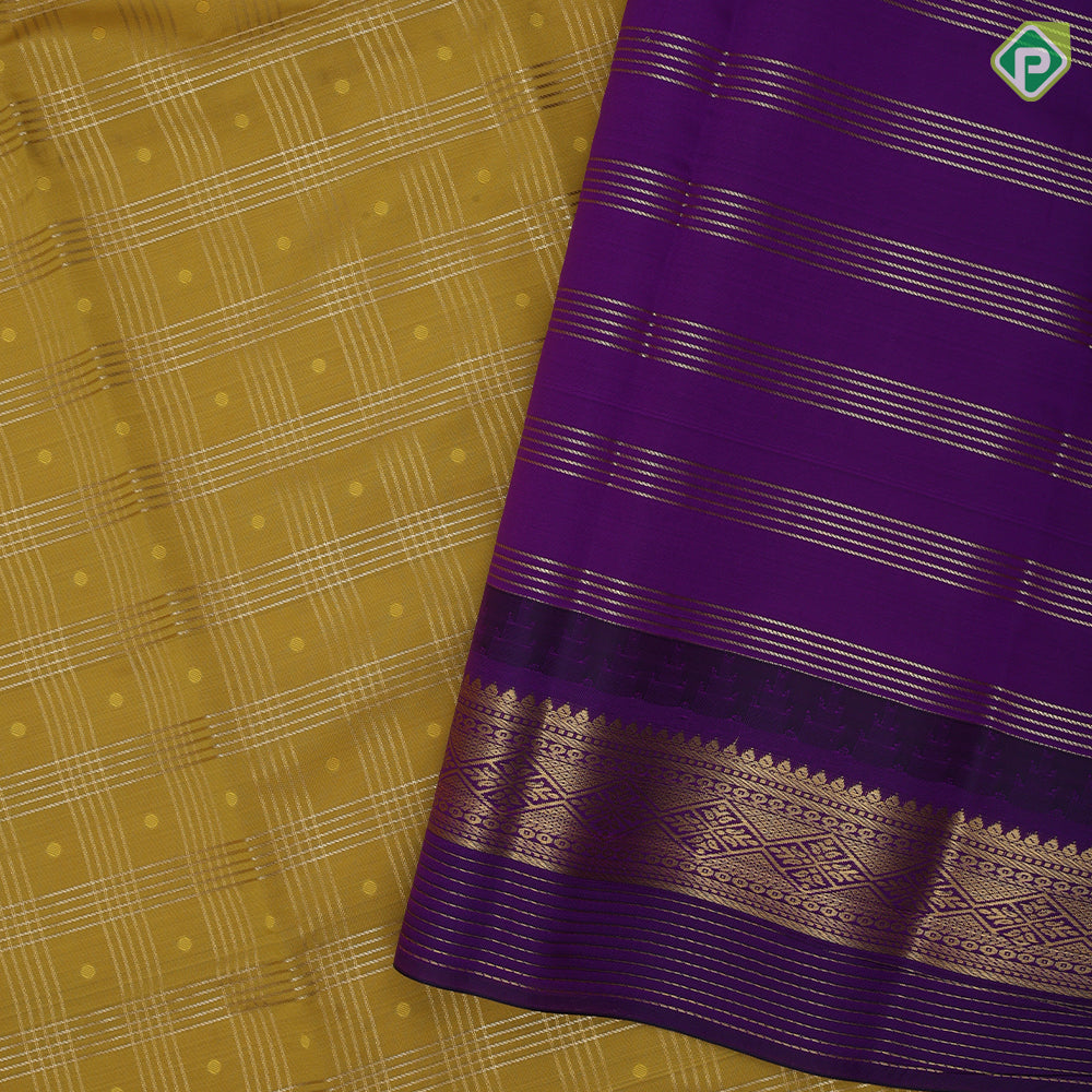 Manthulir green gold zari multi lines checks purple gold zari diamond butta temple border art silk saree