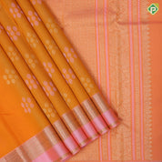 Fanta orange silver gold zari grouped butta design pale pink gold zari peacock and kamadhenu border organza silk saree