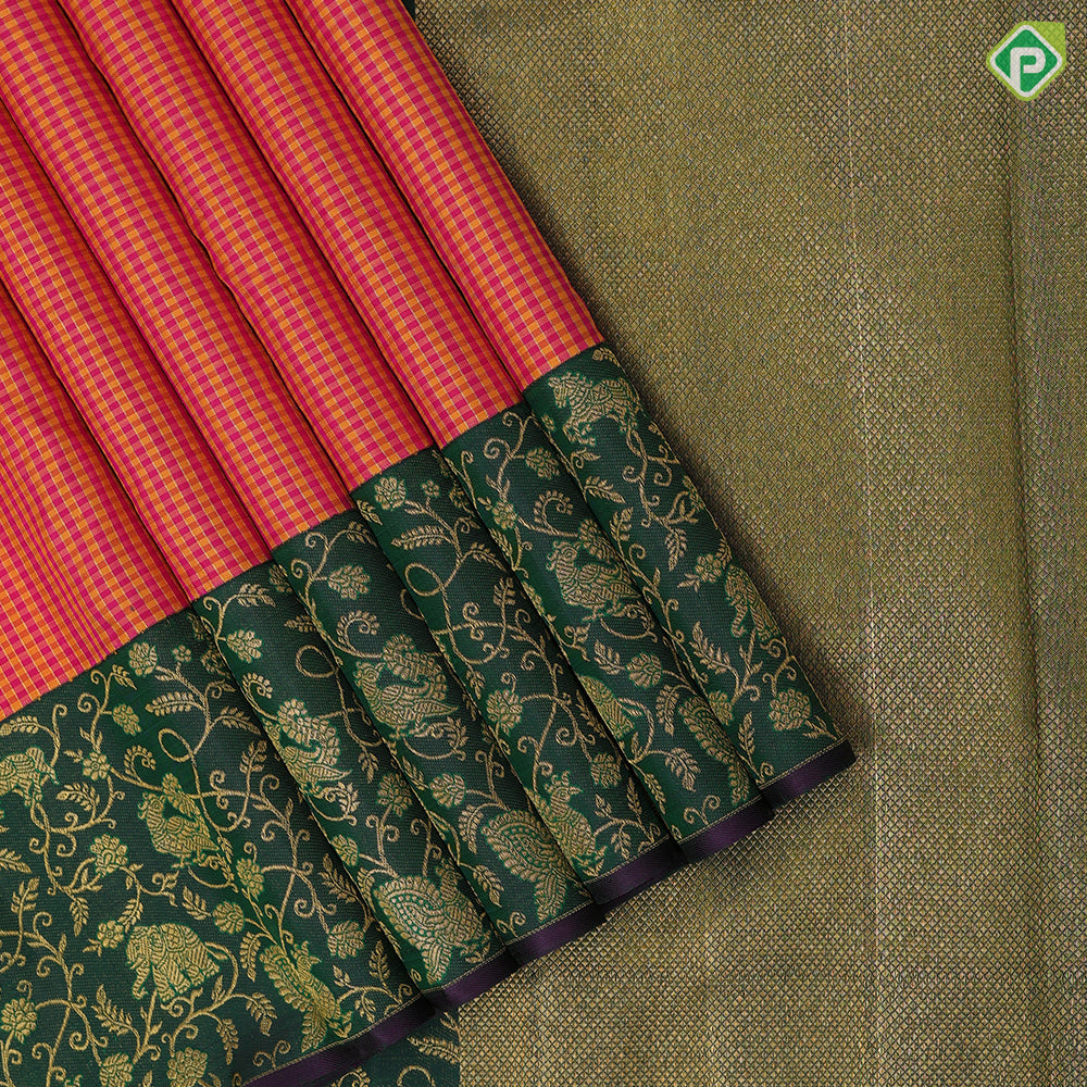 Multi color micro madras checks design dark green gold zari vanasingaram design border traditional silk saree