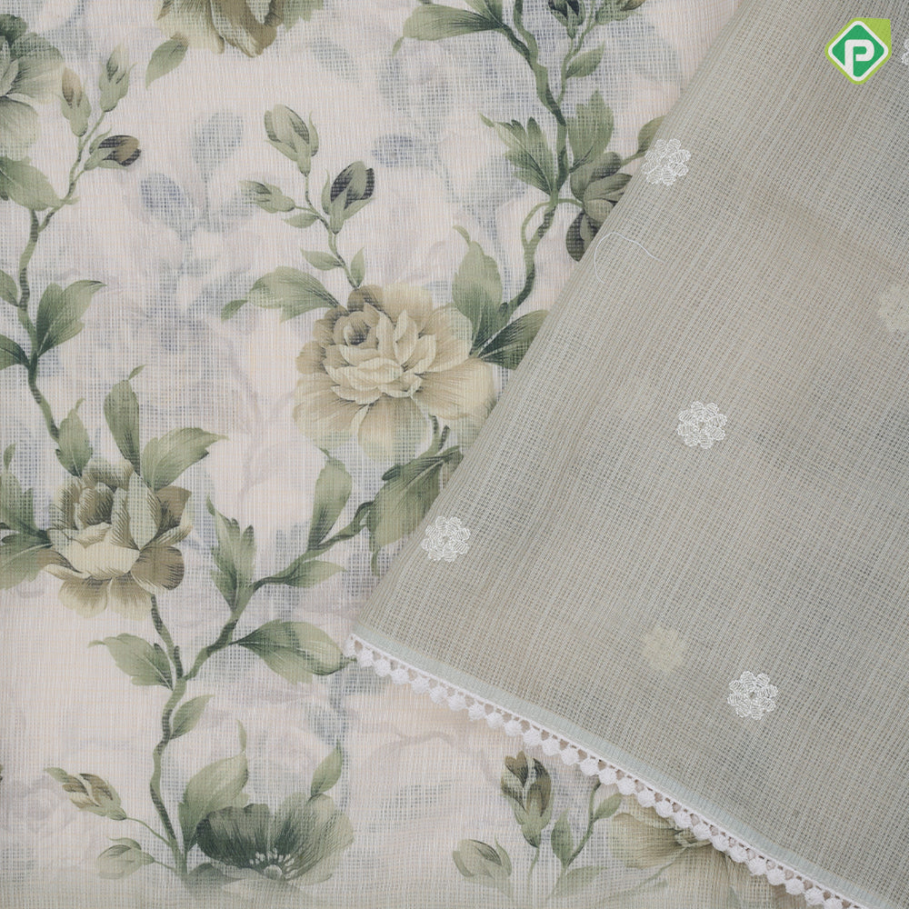 white base digital floral printed design embroidered cut work border fancy cotton saree