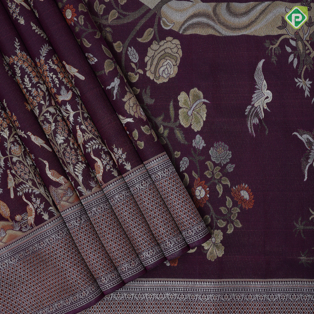 Maroon brown silver gold zari meena work self goldish diamond design border pallu concept exclusive bridal silk saree