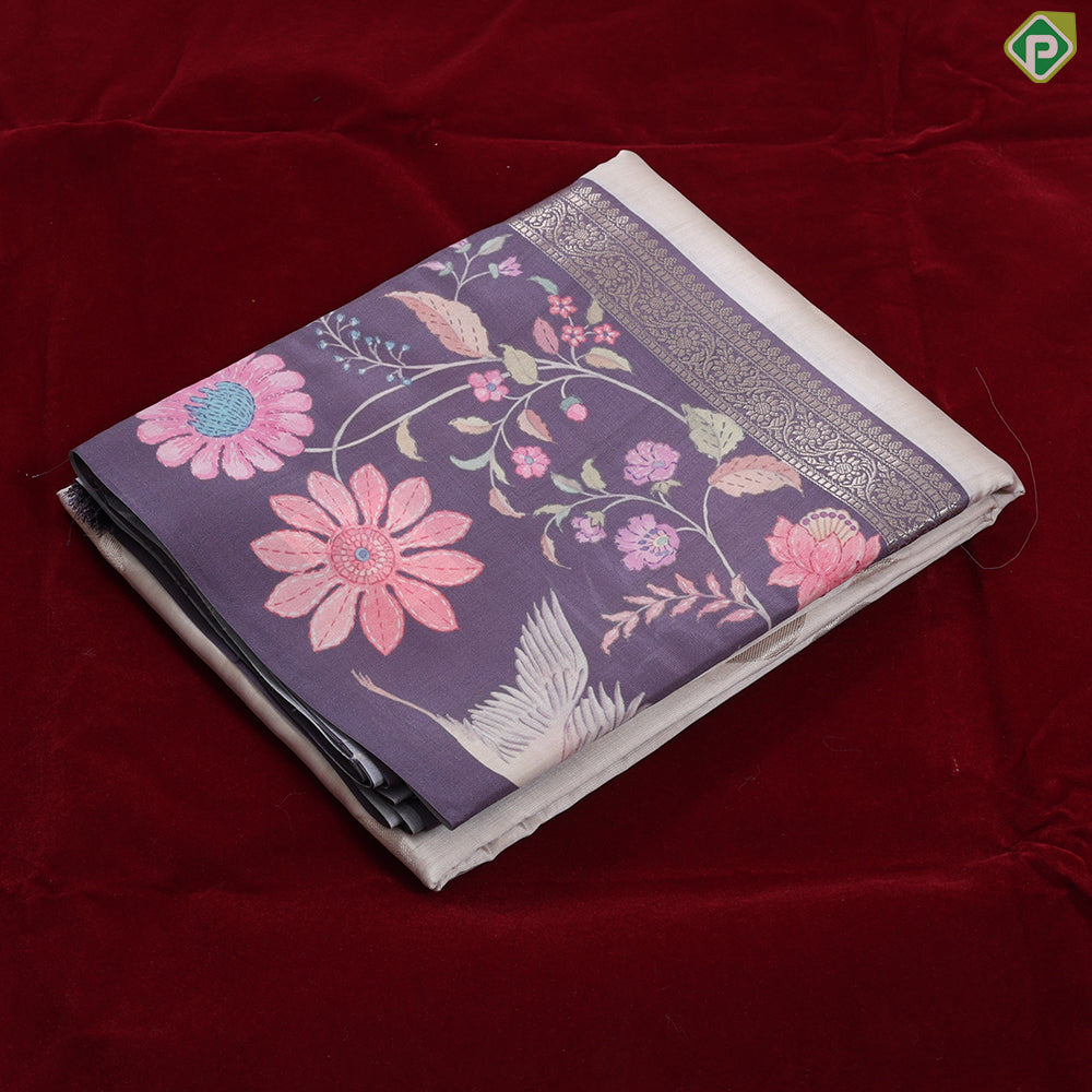 cream with gold zari round butta design grape grey with multi color floral design border semi tusser saree
