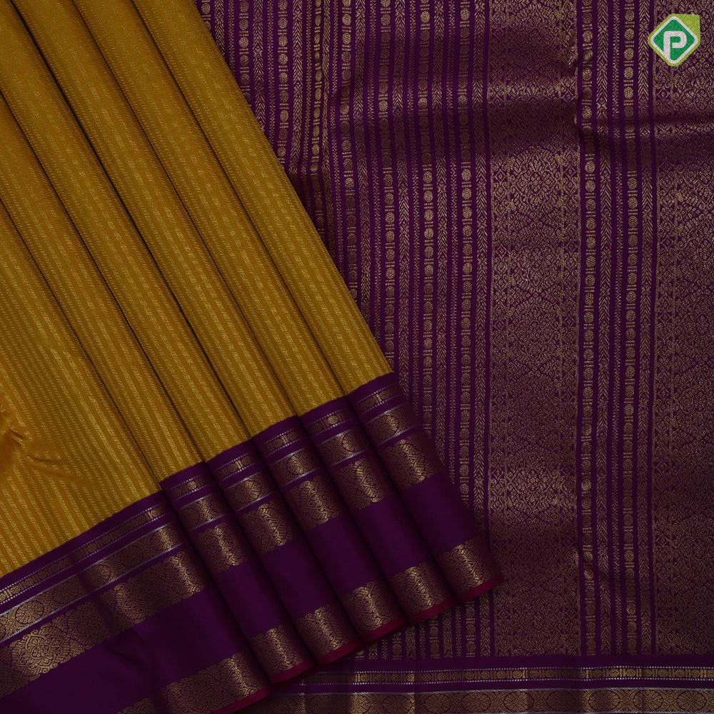 Yellow gold zari stripes design Purple gold zari three lines mid gap border retro traditional silk saree