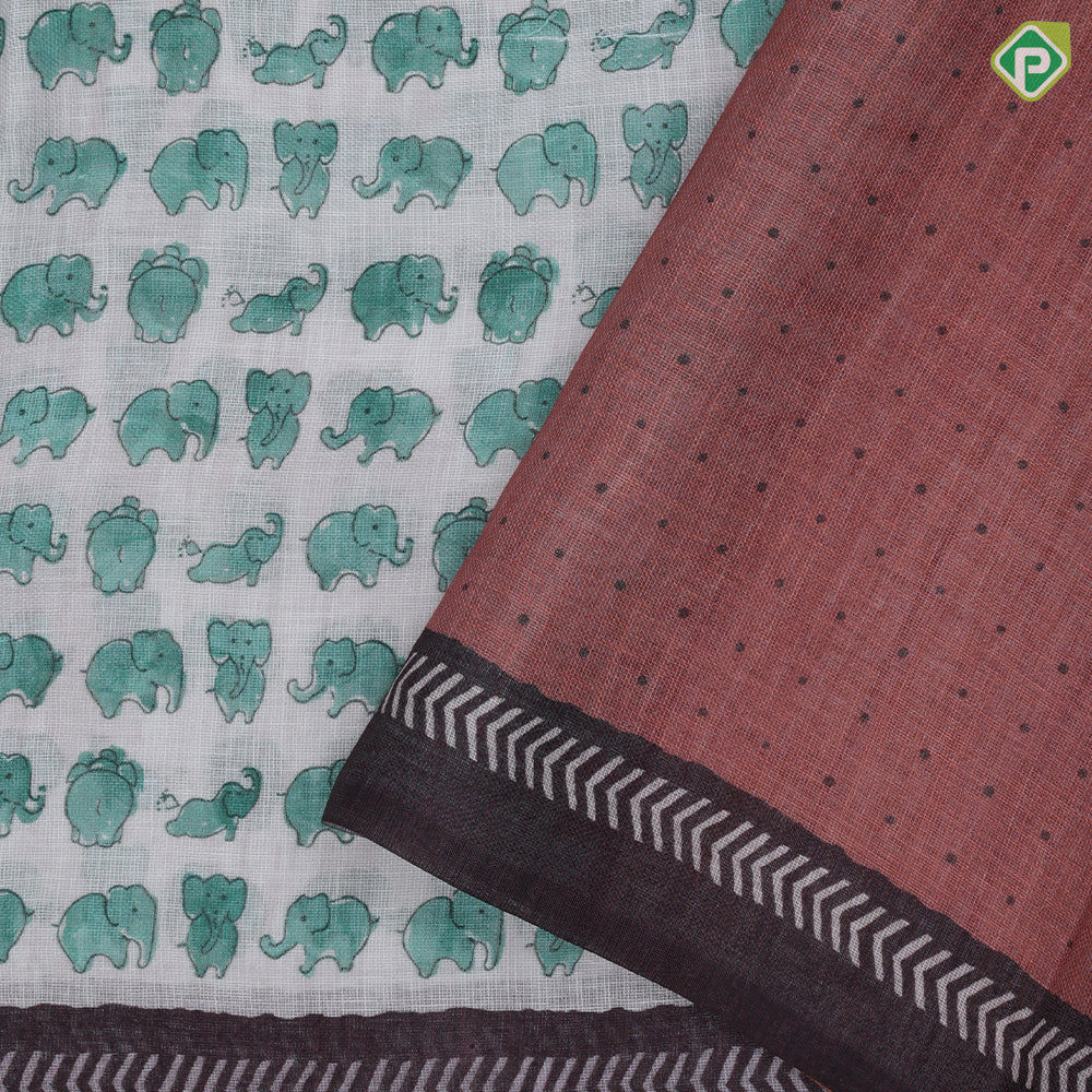 White Based Small Elephant Motif Contrast Border Arrow And Dart Design Fancy Cotton Saree