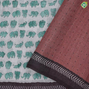 White Based Small Elephant Motif Contrast Border Arrow And Dart Design Fancy Cotton Saree